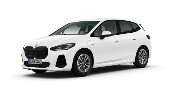 BMW 2er Active Tourer PHEV in der Farbe hellgrau als Neuwagen in Frontansicht ohne Hintergrund