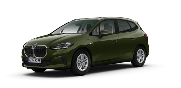BMW 2er Active Tourer PHEV in der Farbe dunkelgrün als Neuwagen in Frontansicht ohne Hintergrund