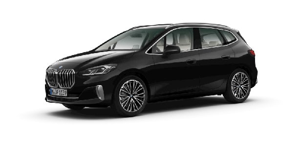 BMW 2er Active Tourer in der Farbe schwarz als Neuwagen in Frontansicht ohne Hintergrund