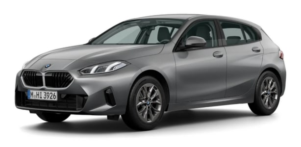 Grauer BMW 1er Fünftürer, schräg von vorne fotografiert, vor weißem Hintergrund.