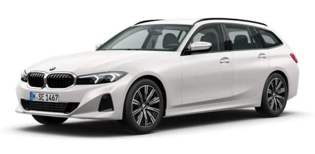 BMW 3er Touring in der Farbe Schwarz als Neuwagen in Frontansicht ohne Hintergrund