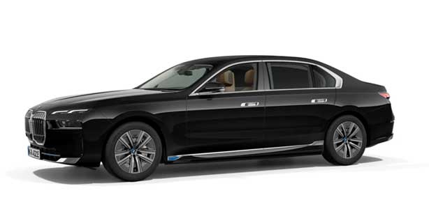 BMW i7 in der Farbe schwarz als Neuwagen in Frontansicht ohne Hintergrund