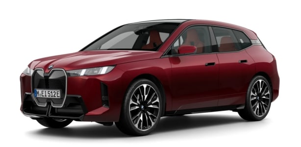 BMW iX in der Farbe rot als Neuwagen in Frontansicht ohne Hintergrund