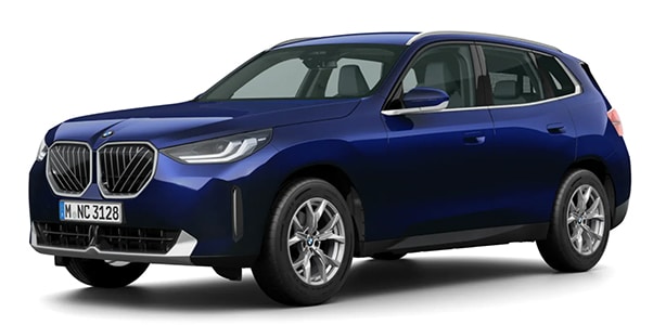BMW X3 in der Farbe Blau als Neuwagen in Frontansicht ohne Hintergrund