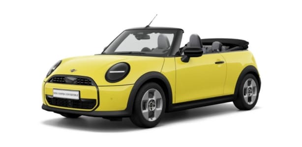 MINI Cooper Cabrio in der Farbe Gelb als Neuwagen in Frontansicht ohne Hintergrund