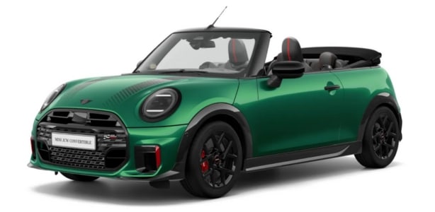 MINI John Cooper Works Cabrio in der Farbe Grün als Neuwagen in Frontansicht ohne Hintergrund