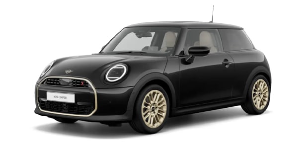 MINI Cooper in der Farbe schwarz als Neuwagen in Frontansicht ohne Hintergrund