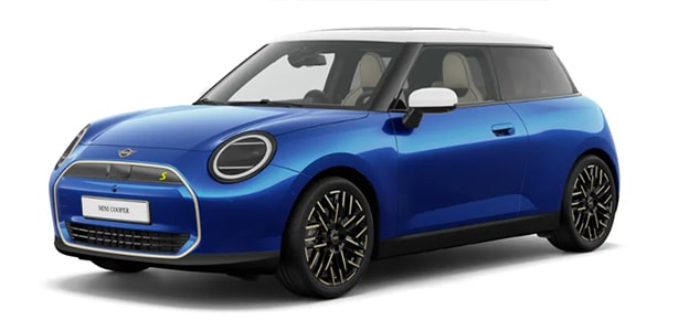MINI Cooper Electric in der Farbe blau als Neuwagen in Frontansicht ohne Hintergrund