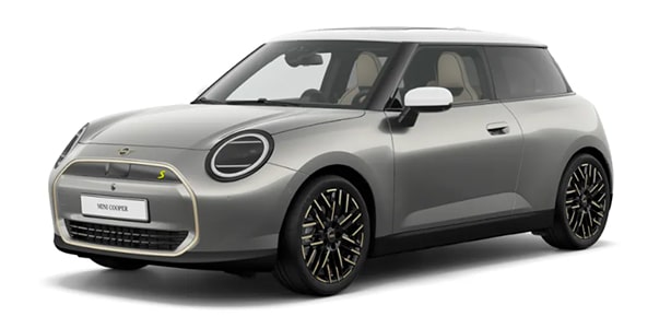 MINI Cooper Electric in der Farbe grau als Neuwagen in Frontansicht ohne Hintergrund