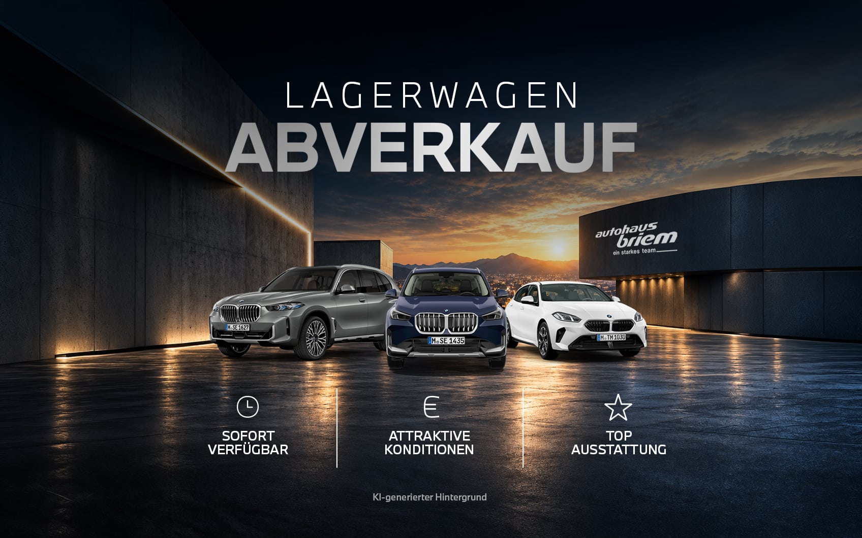 Drei BMW Lagerwagen beim Abverkauf mit Hinweisen auf sofortige Verfügbarkeit, attraktive Konditionen und Top-Ausstattung.